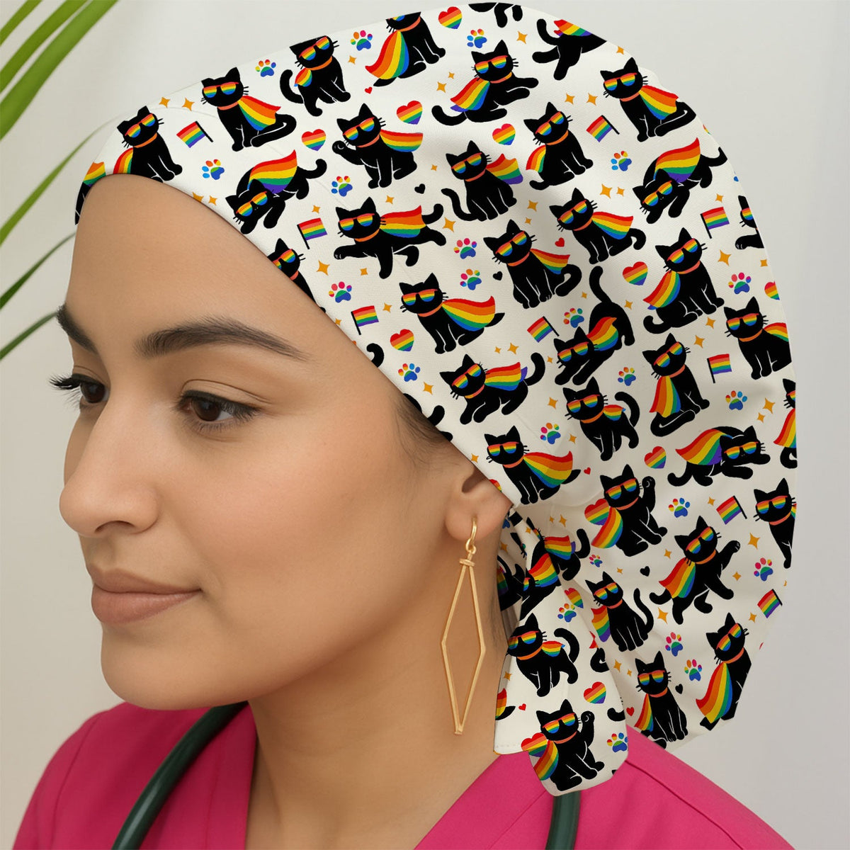 Rainbow Black Cat Pride Scrub Cap