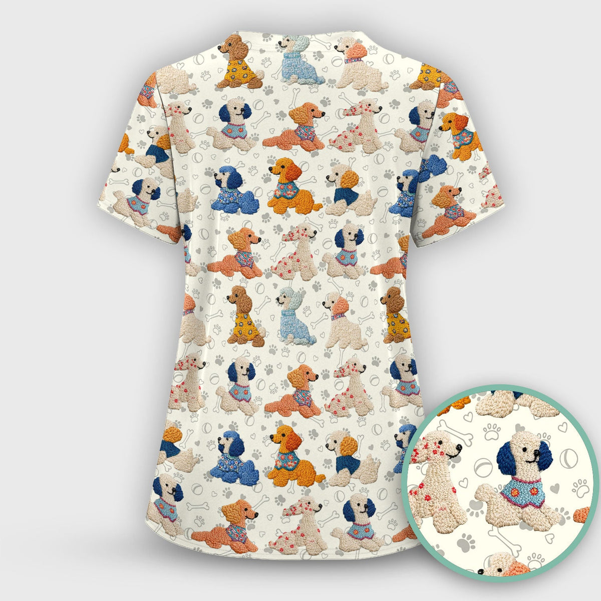 Cute Colorful Poodle Pattern Scrub Set, Scrub Pants and V Neck Top