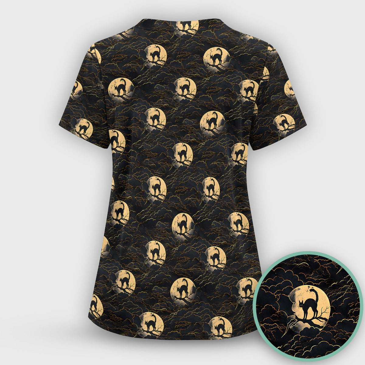 Black Cat In Moonlight Nurse Scrub Top - Halloween Gift