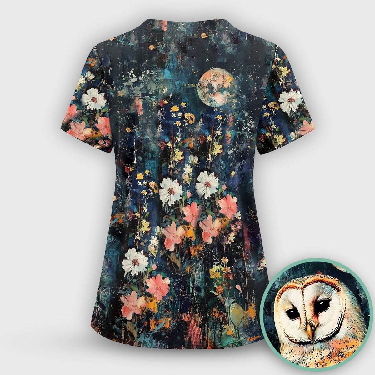 Moonlit Barn Owl Floral Pattern Scrub Top, Comfortable Scrubs for Nurses