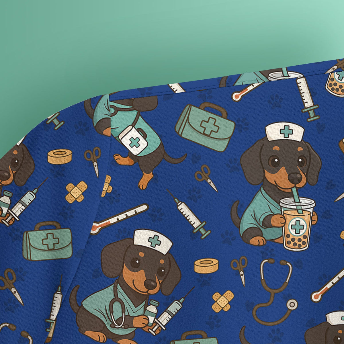 Funny Dachshund Nurse Scrubs - Cute Dog Print Medical Shirt - Holiday Nurse Scrub Top Gift for RN CNA Doctor, Women & Men