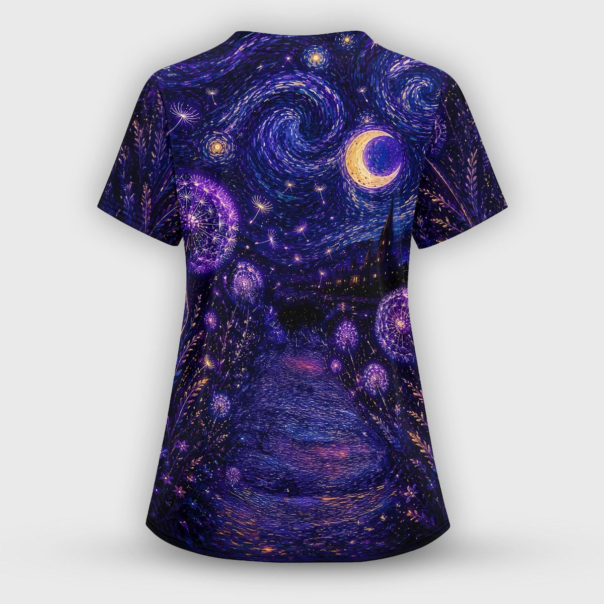 Mystical Black Cat Starry Night Nurse Scrub Top