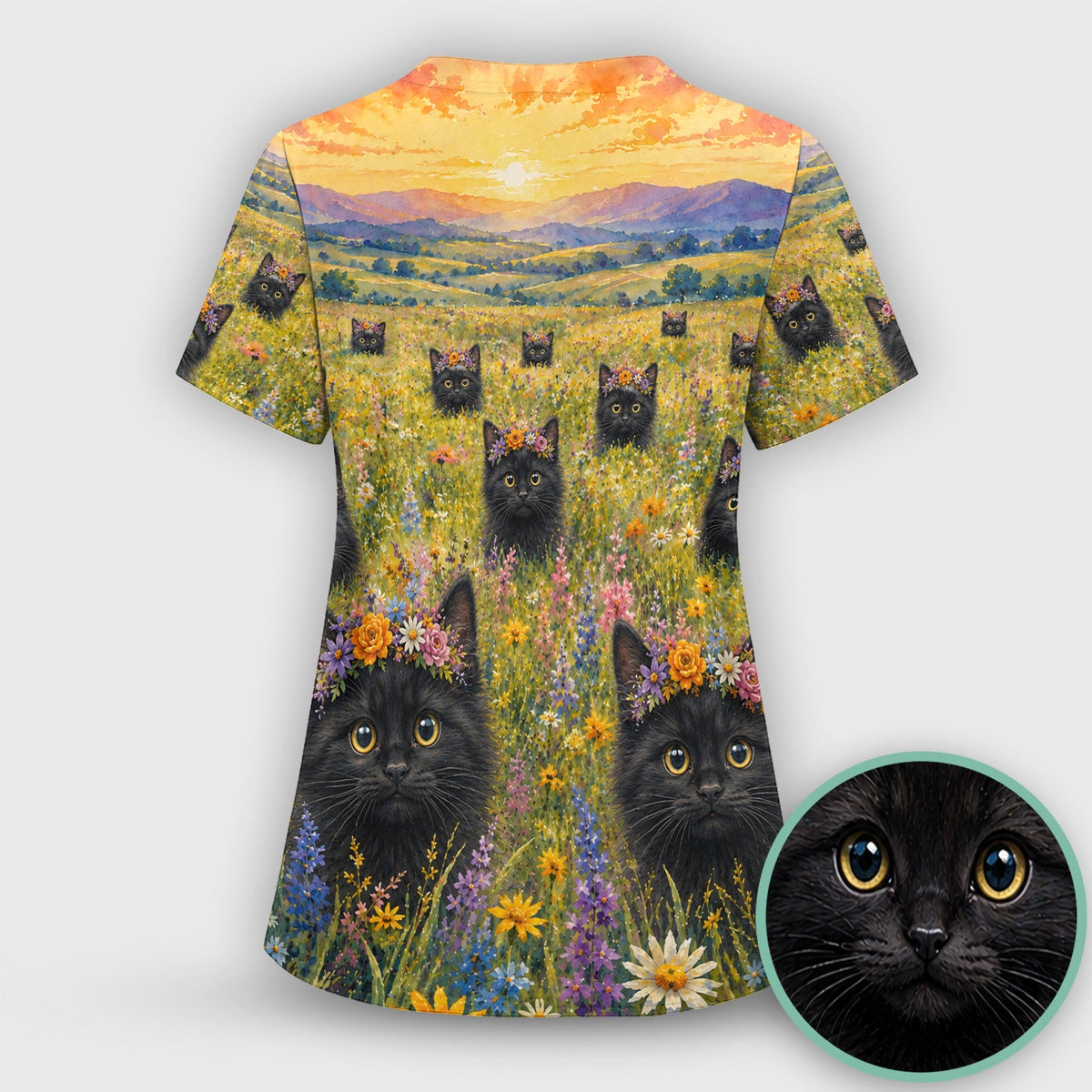Black Kitten Flower Meadow Nurse Scrub Set