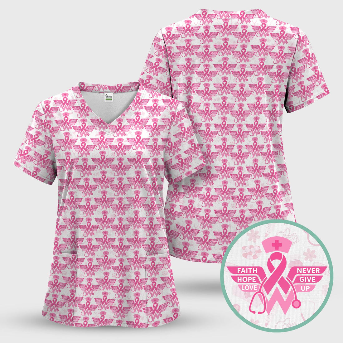 Breast Cancer Pink Ribbon Pocket Nurse Scrub Top