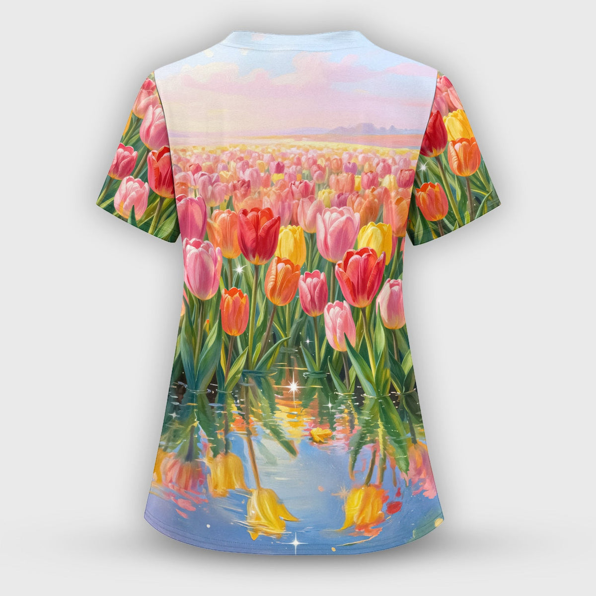 Sleeping Black Cat Tulip Field Nurse Scrub Top
