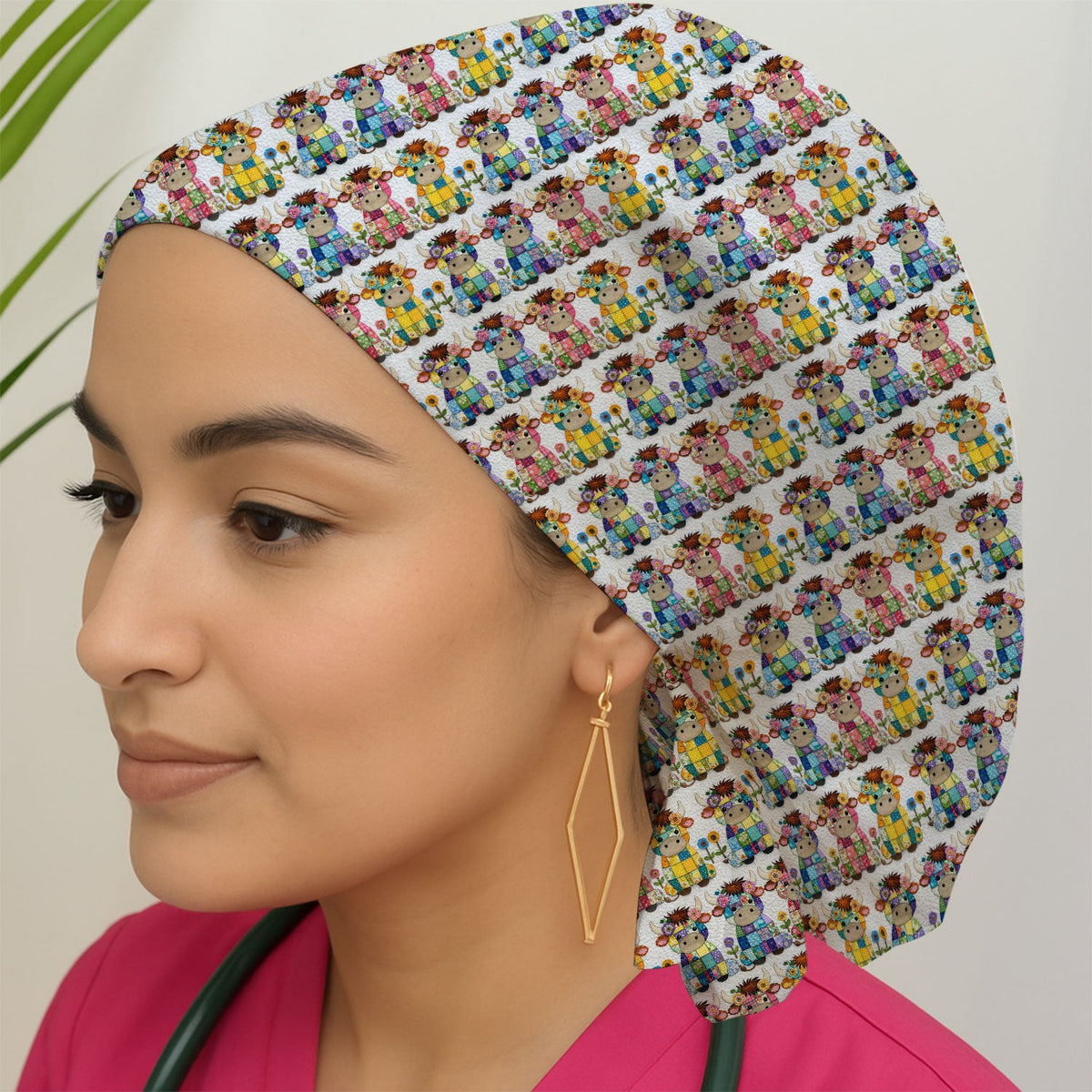 Patchwork Cow Flowers Scrub Cap