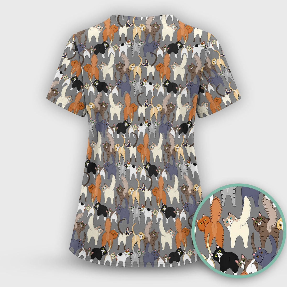 Whimsical Multicolor Cat Cartoon Nurse Scrub Top