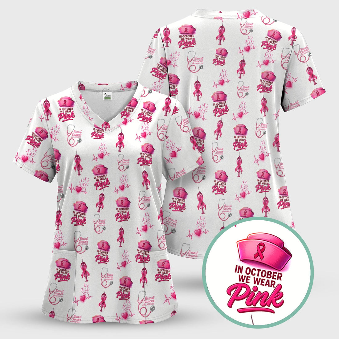 Breast Cancer Awareness Pink Nurse Scrub Top