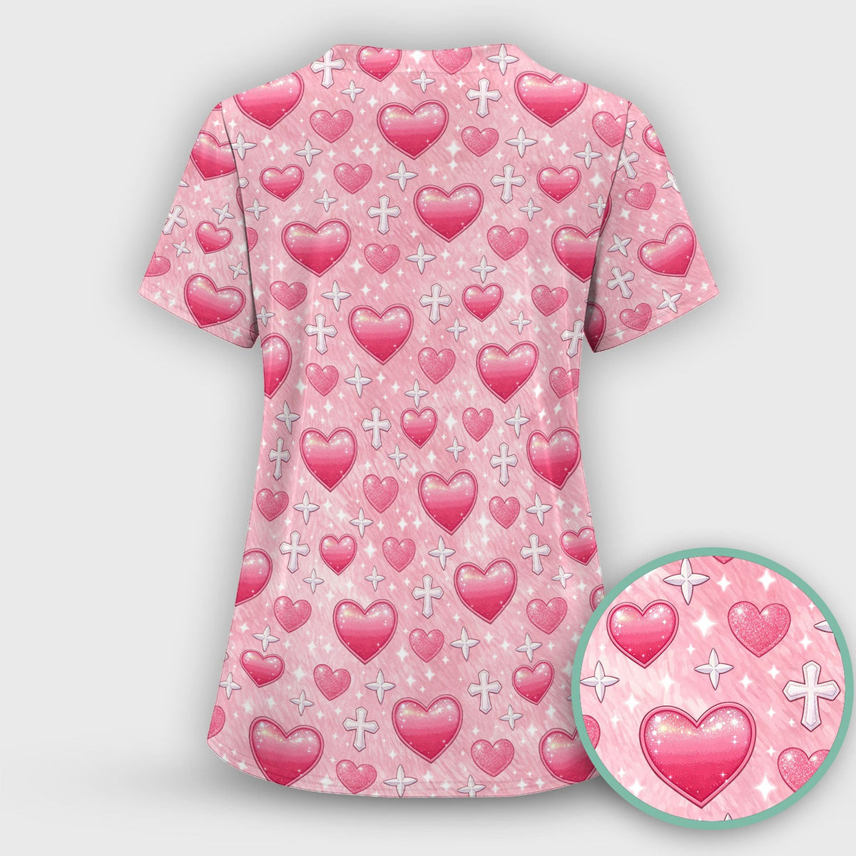 Pink Heart & Cross Pattern Scrub Set, Scrub Pants and V Neck Top