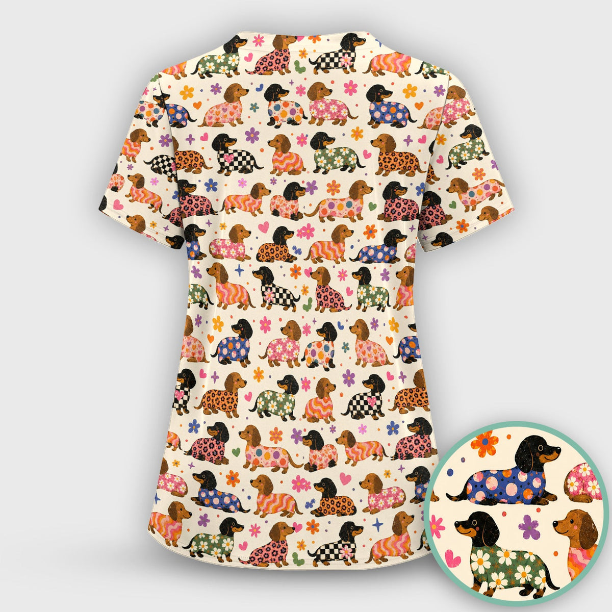 Floral Dachshund Print Nurse Scrub Top