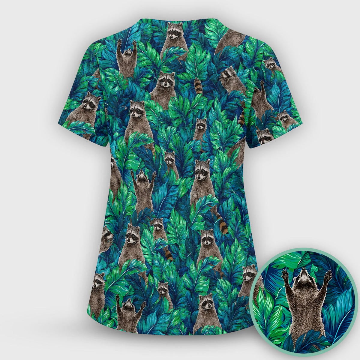 Tropical Raccoon Jungle Leaves Nurse Scrub Top