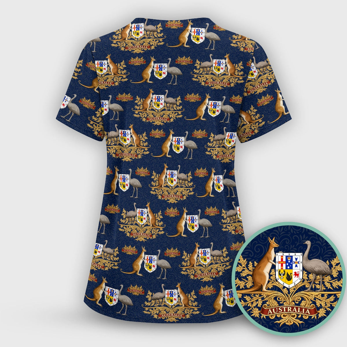 Australian Kangaroo Emu Crest Pattern Scrub Top, Comfortable Scrubs for Nurses