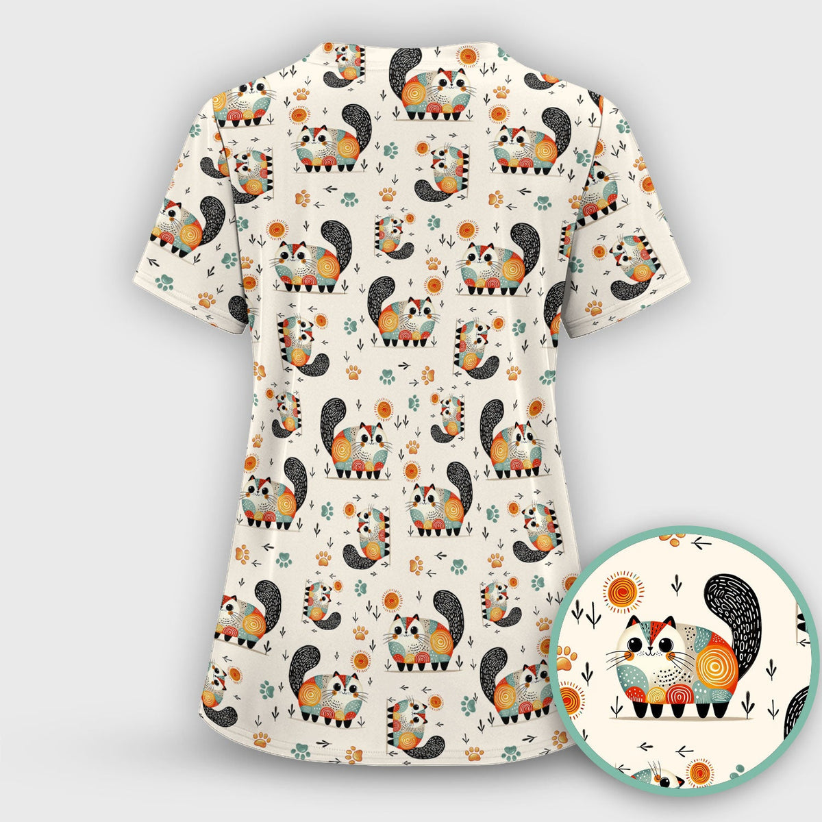 Cat Illustration Nurse Scrub Top