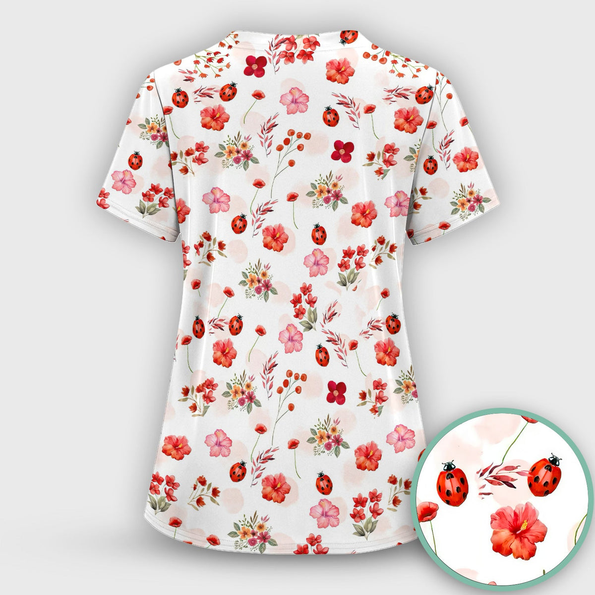 Red Ladybug Floral Garden Nurse Scrub Set