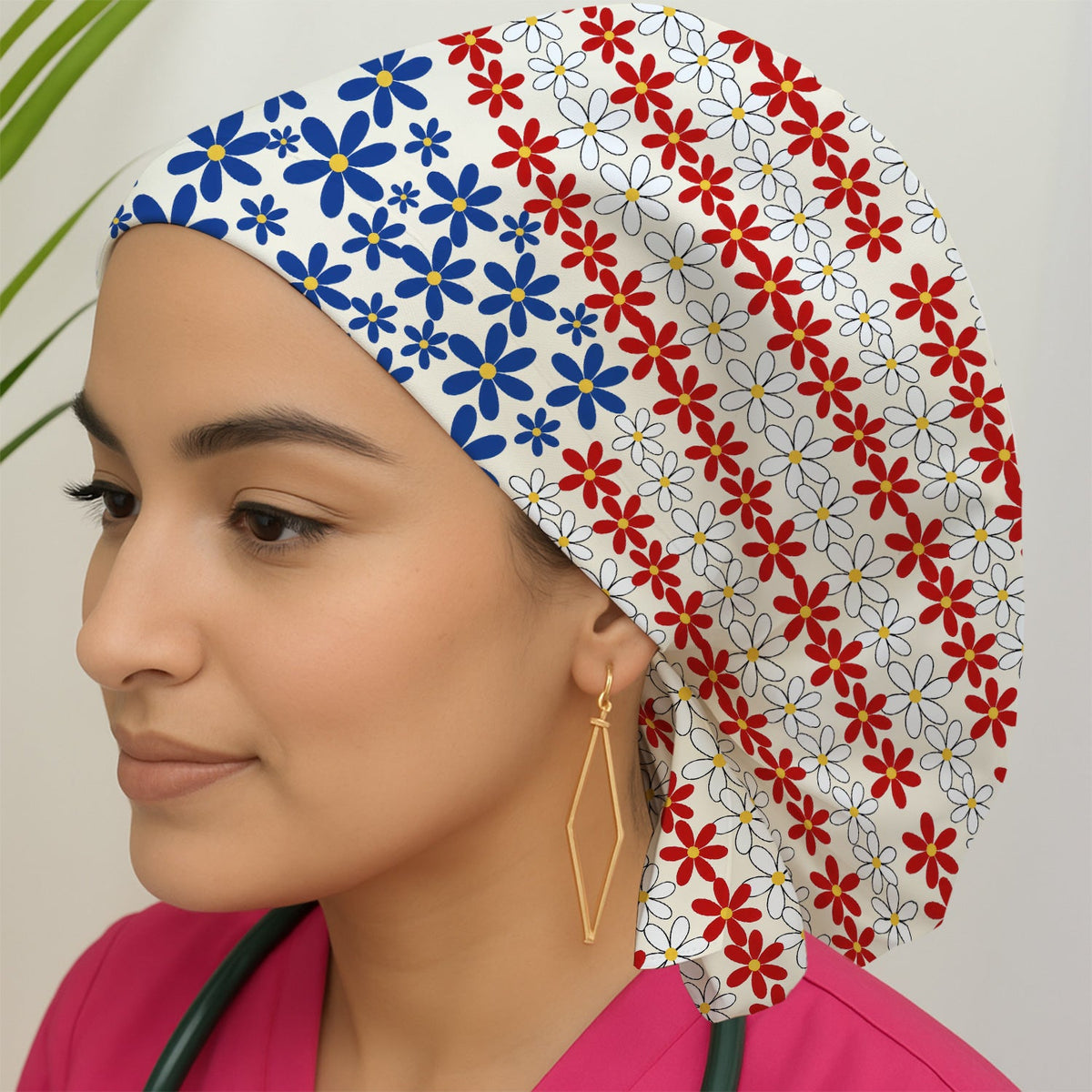 Retro Red Blue Daisy Scrub Cap