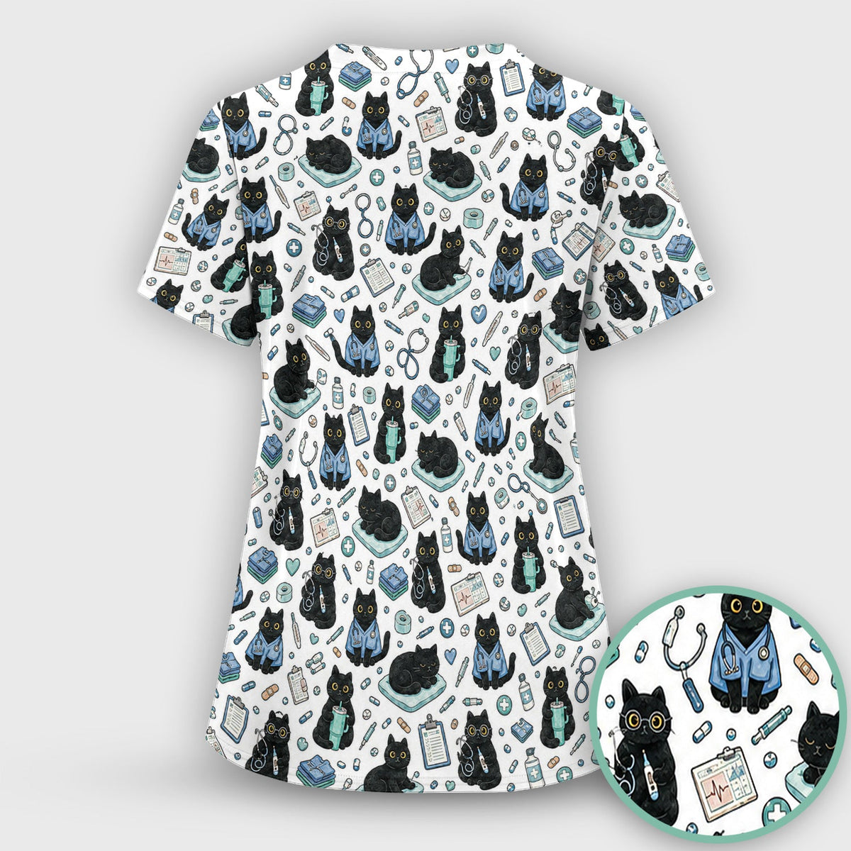 Black Cat Clinic Nurse Scrub Top