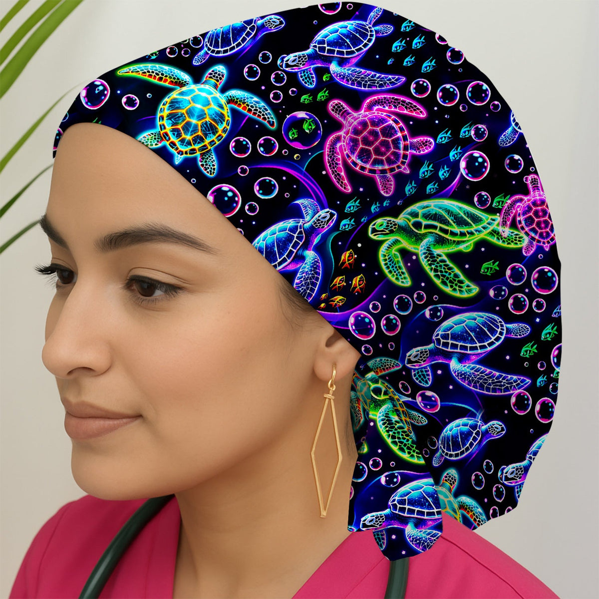 Neon Sea Turtle Bubble Nurse Scrub Cap