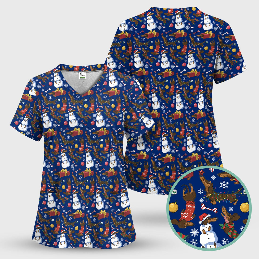 Personalized Christmas Dachshund Snowman Nurse Scrub Top