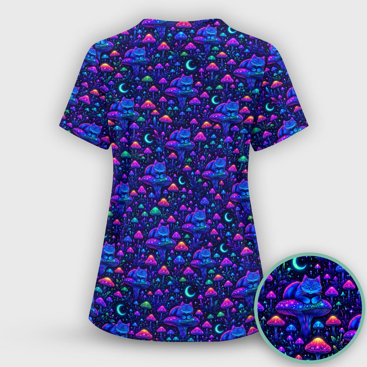 Neon Mushroom Cat Galaxy Nurse Scrub Set