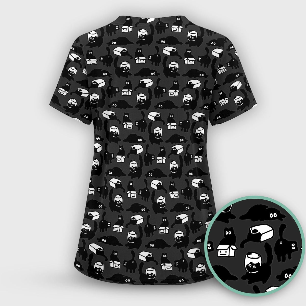 Dark Playful Cat Nurse Scrub Top