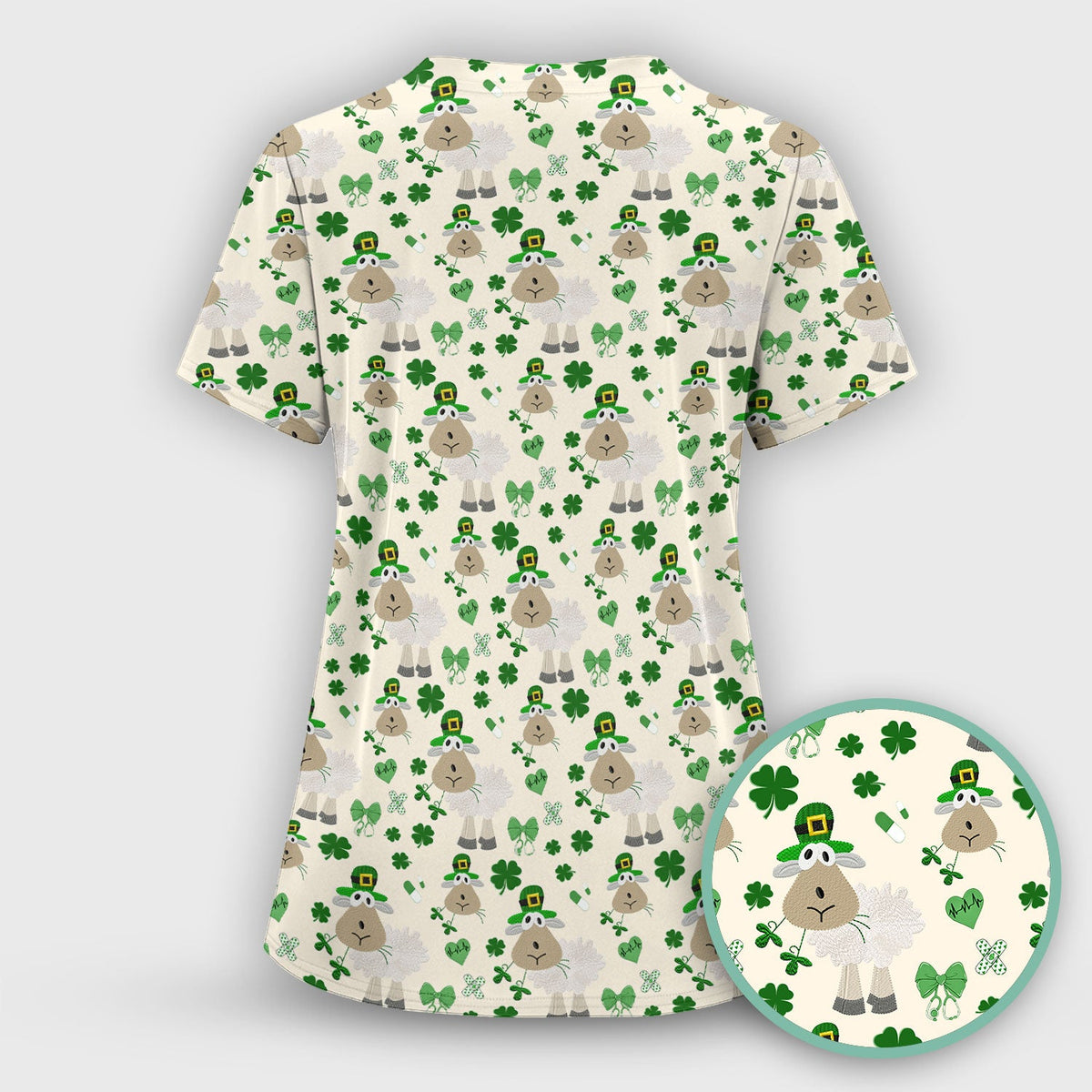 Nurse St. Patrick's Day Scrubs Top, Cute Sheep Shamrock Pattern Nurse Shirt, Breathable Fabrics Nursing Uniform