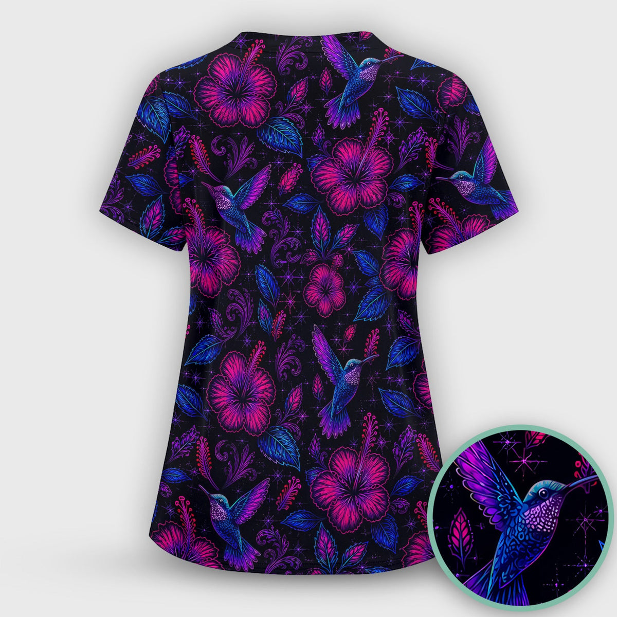 Tropical Hummingbird Hibiscus Floral Nurse Scrub Top