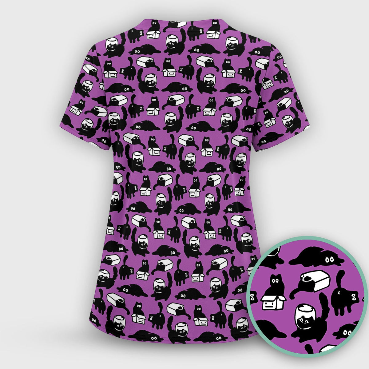 Dark Playful Cat Cartoon Pattern Scrub Set, Breathable Med Uniform