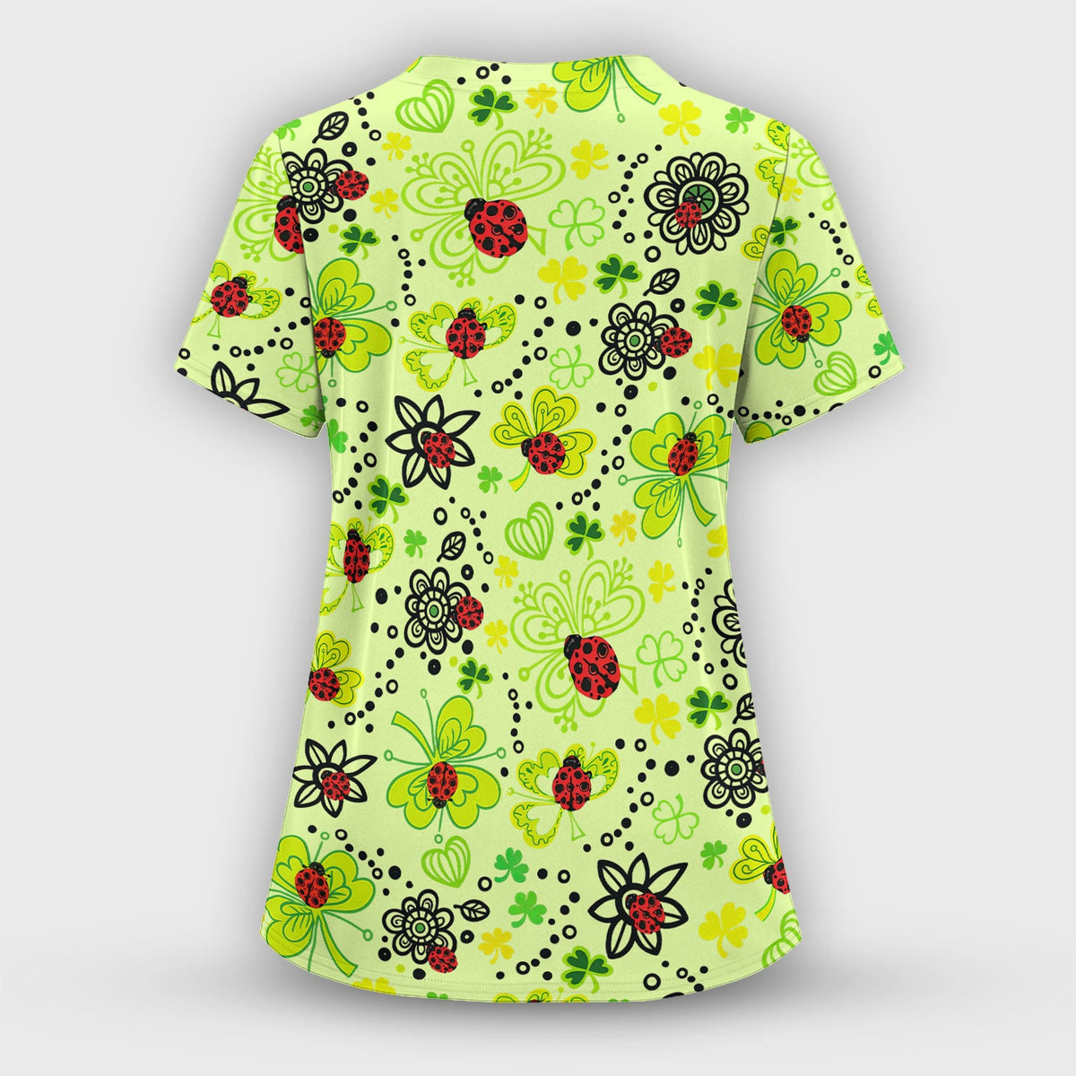Ladybug Clover Floral Pattern Print Scrub Sets, Scrub Pants and V Neck Top