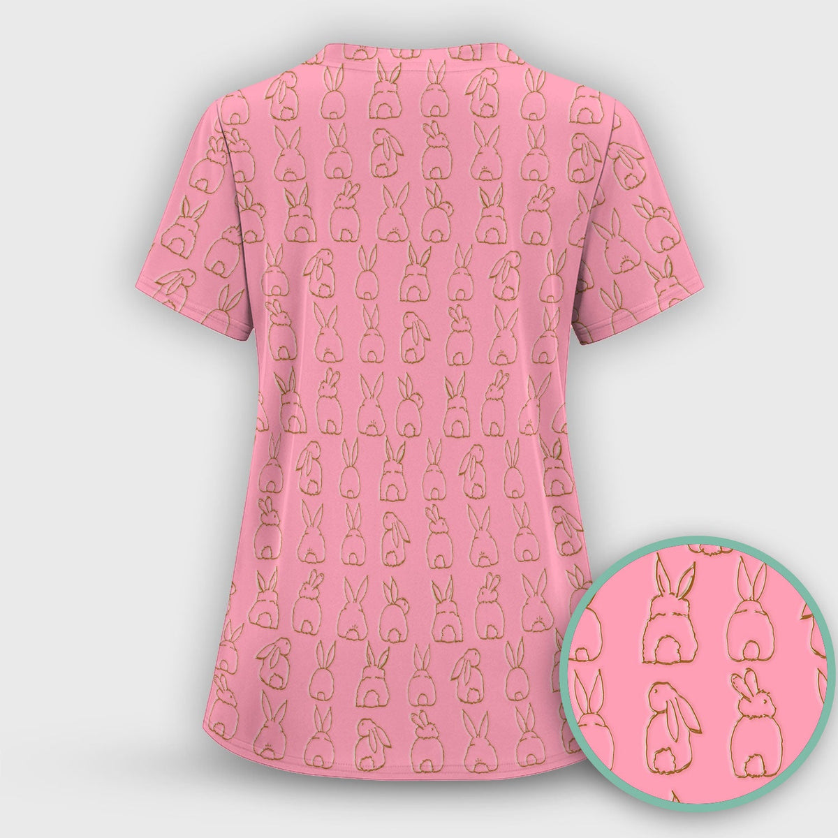 Cartoon Bunny Line Art Nurse Scrub Top - Easter Gift