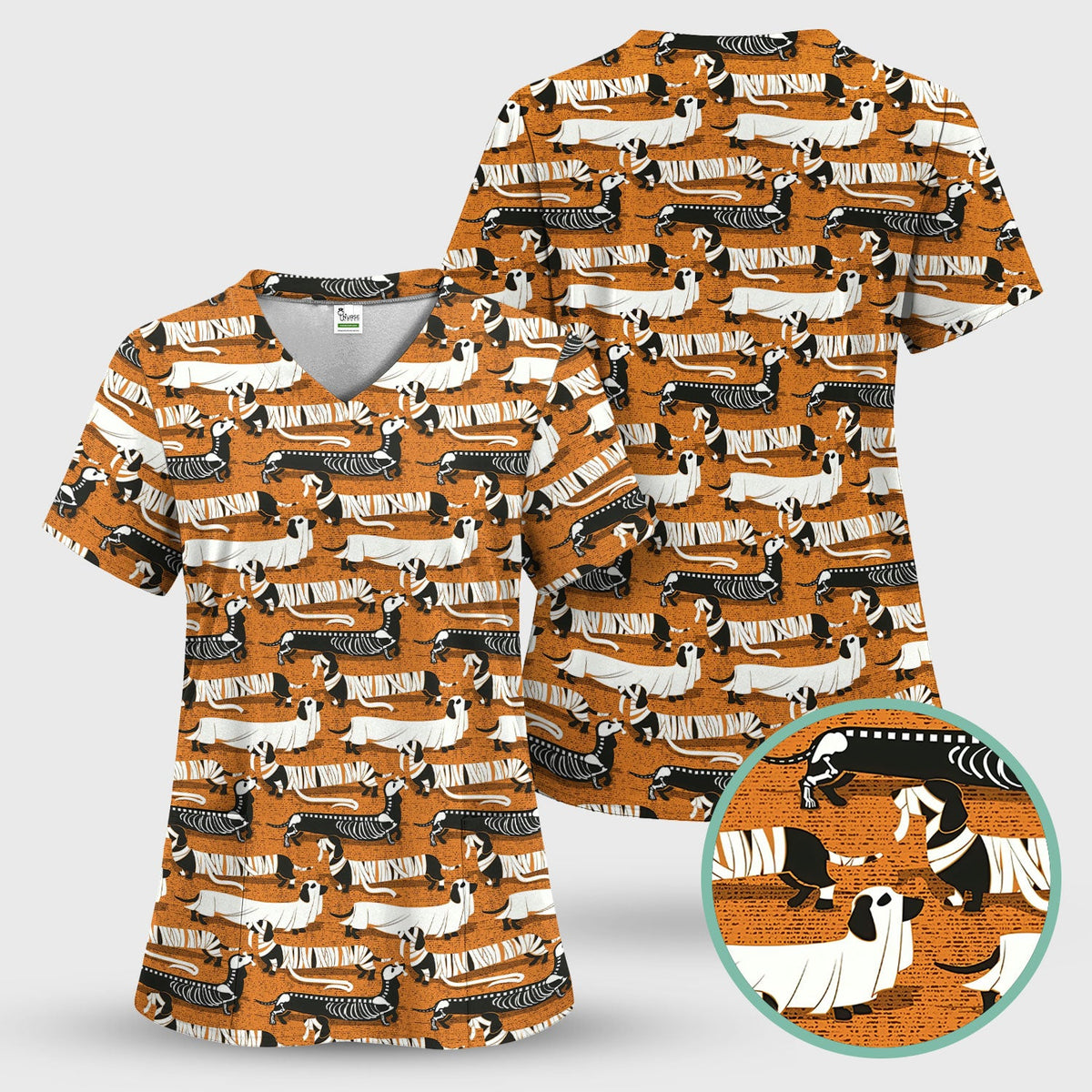 Dachshund Skeleton Nurse Scrub Top - Halloween Gift