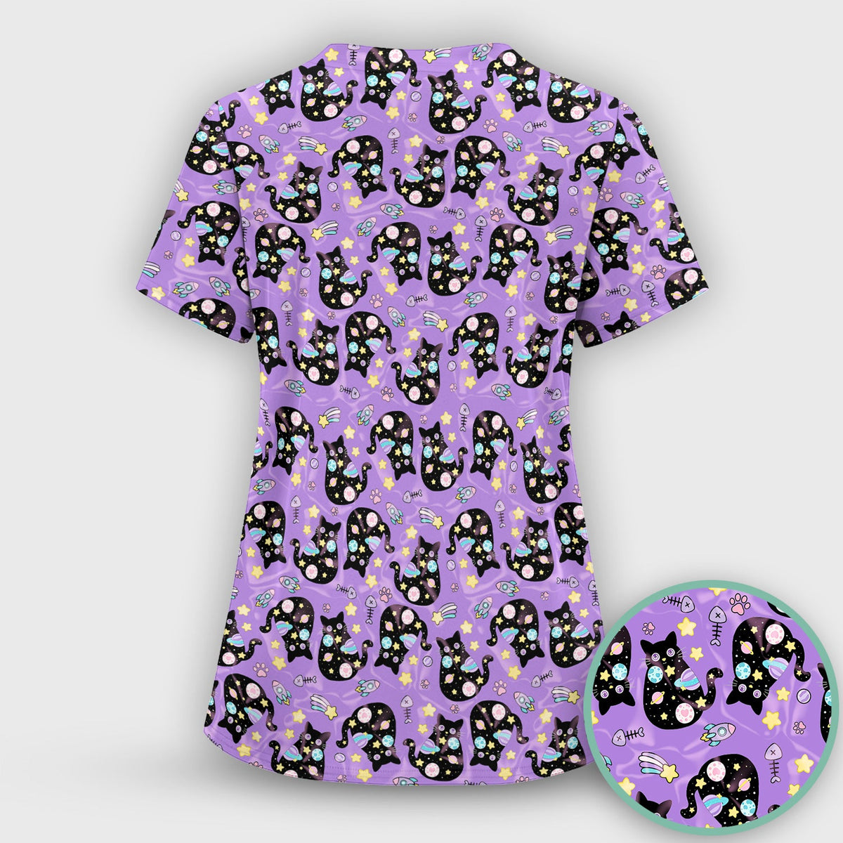 Galaxy Black Cat Space Nurse Scrub Top