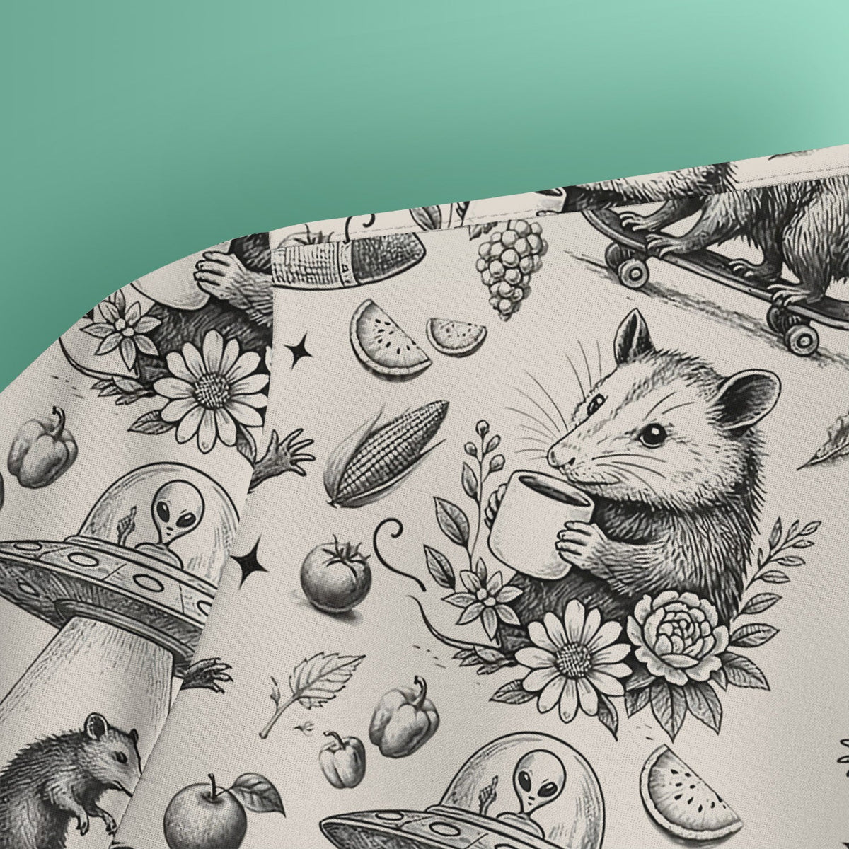Funny Nurse Vintage Possum Raccoon High Five UFO Pattern Scrub Top, Breathable Fabrics Nursing Uniform