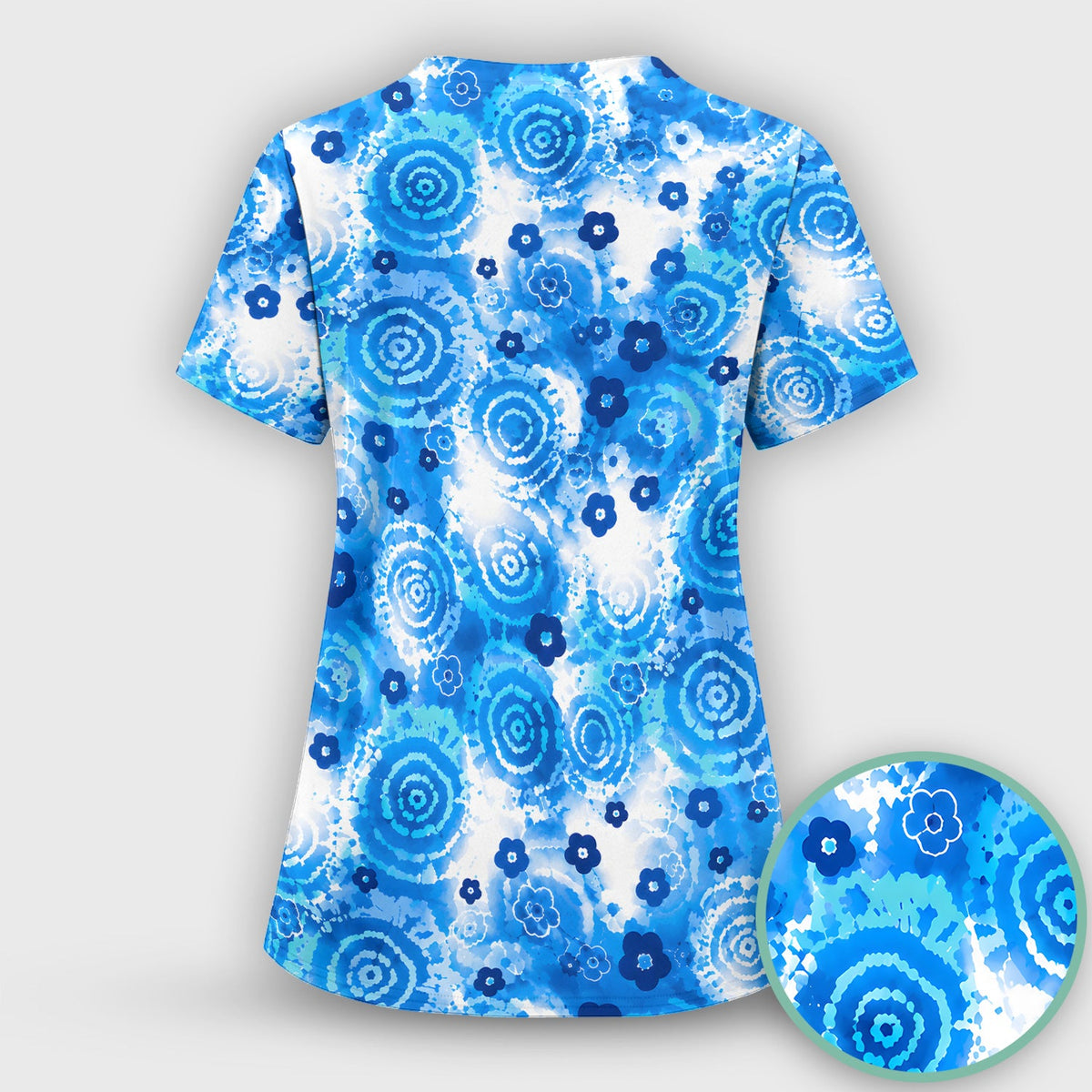 Blue Floral Spiral Nurse Scrub Top
