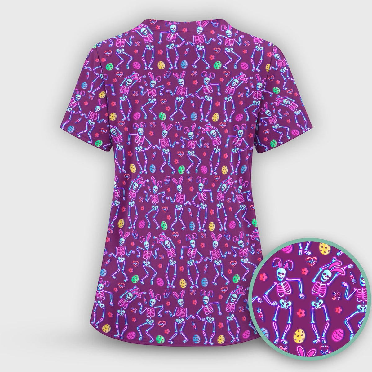 Neon Easter Skeleton Print Scrub Set, Scrub Pants and V Neck Top