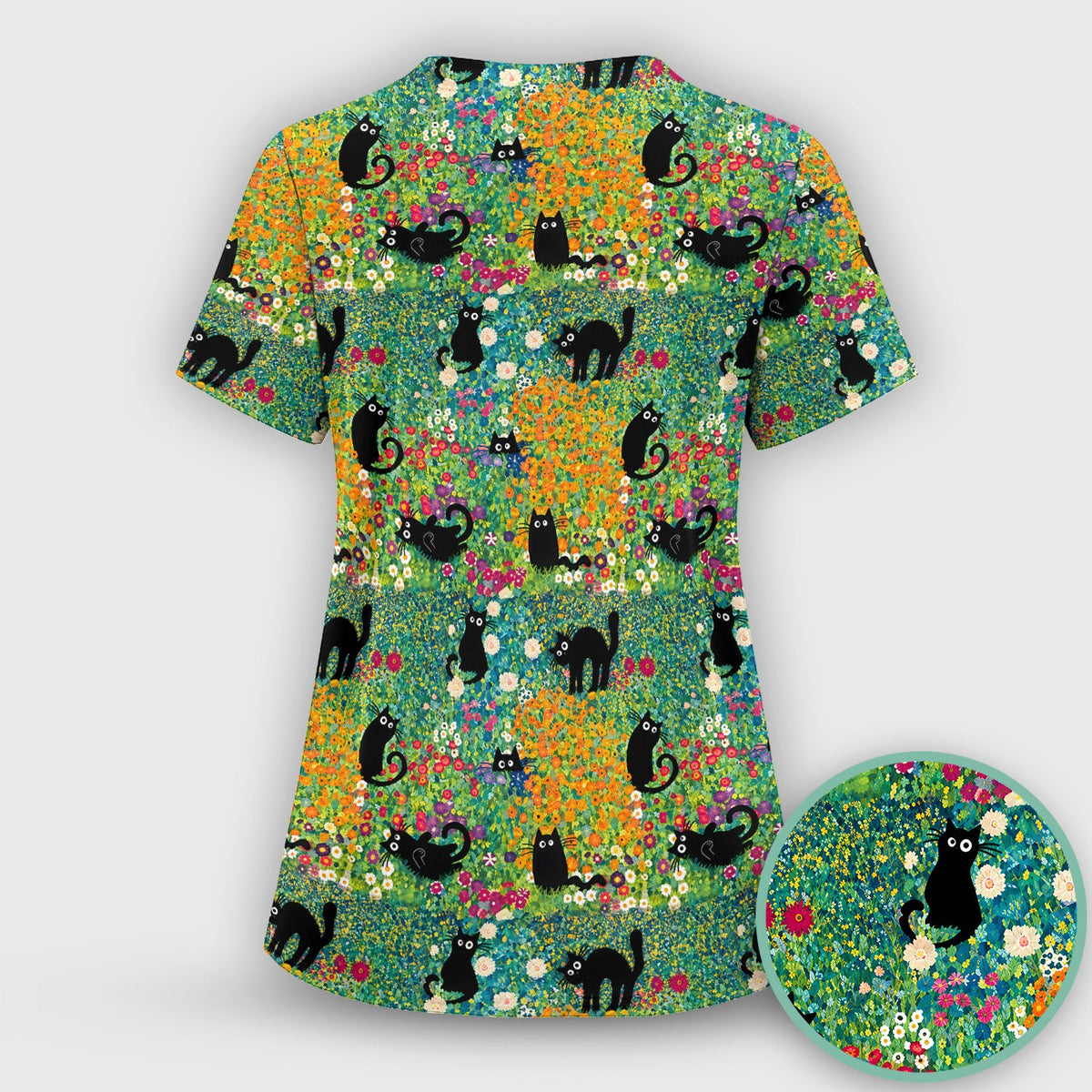 Black Cat Flower Garden Nurse Scrub Set