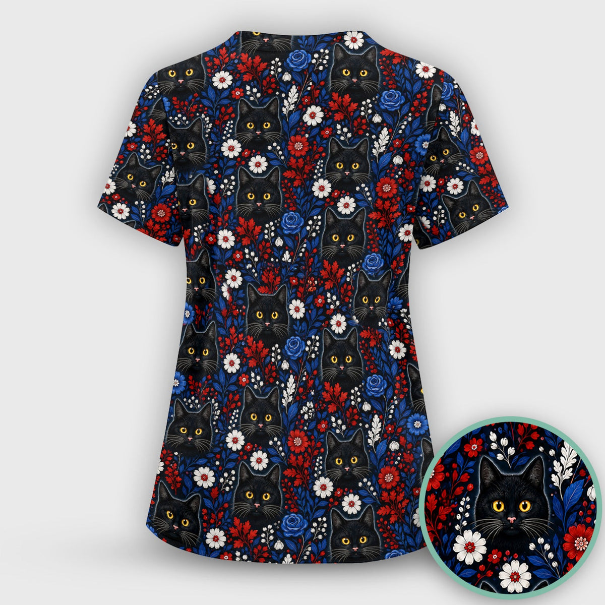 Black Cat Nurse Floral Scrub Set