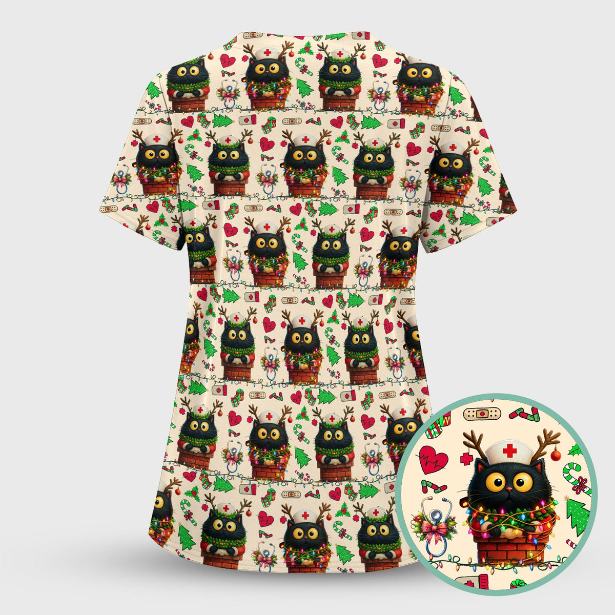 Reindeer Cat Christmas Lights Nurse Scrub Top