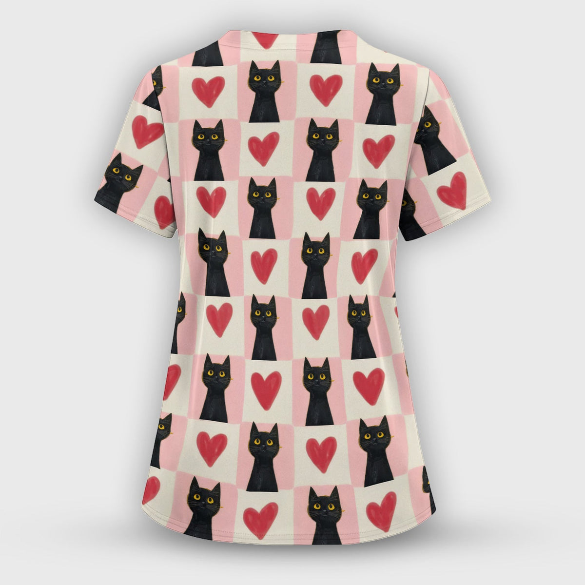 Cute Black Cat Heart Nurse Scrub Top