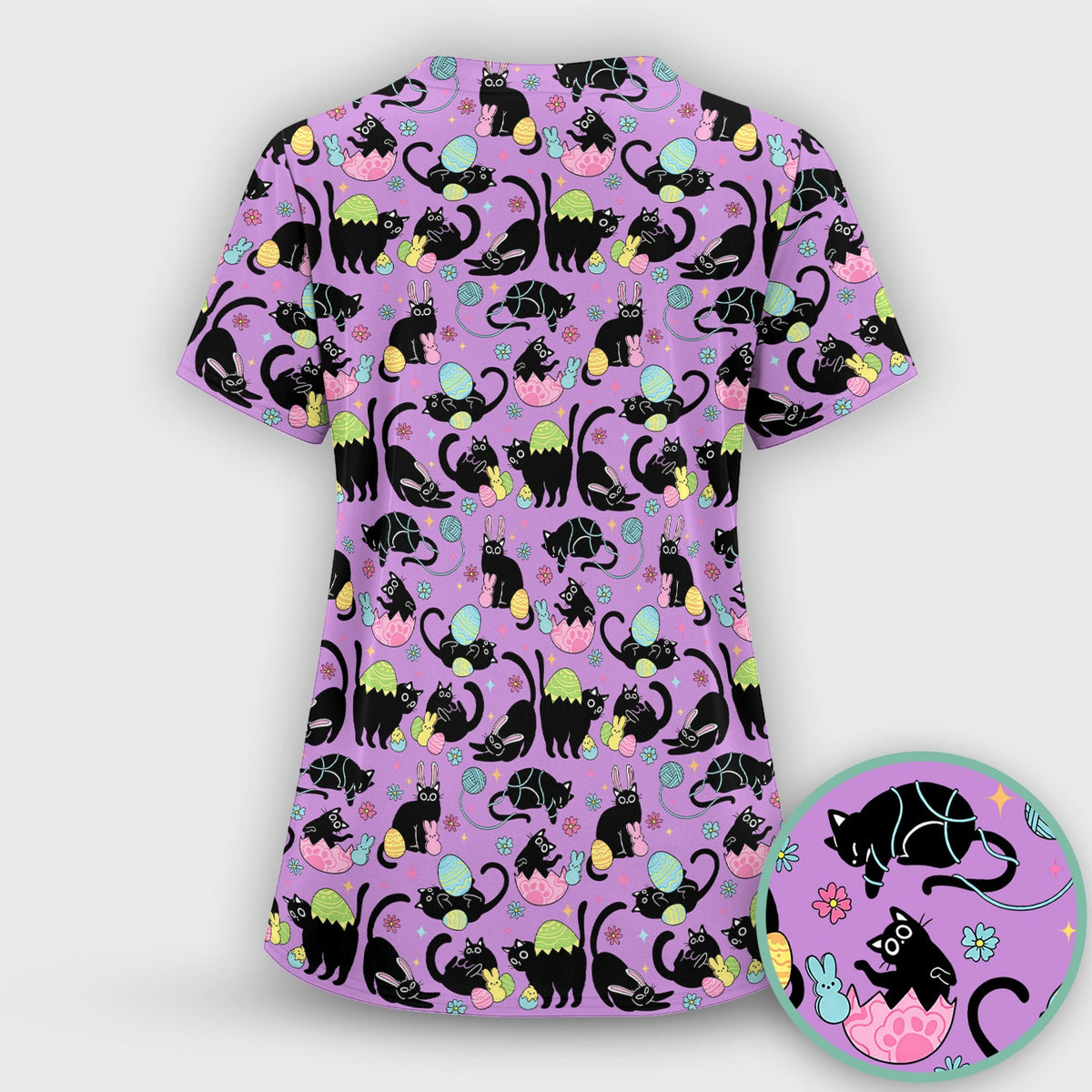 Funny Easter Black Cat Egg Pattern Scrub Set, Scrub Pants and V Neck Top