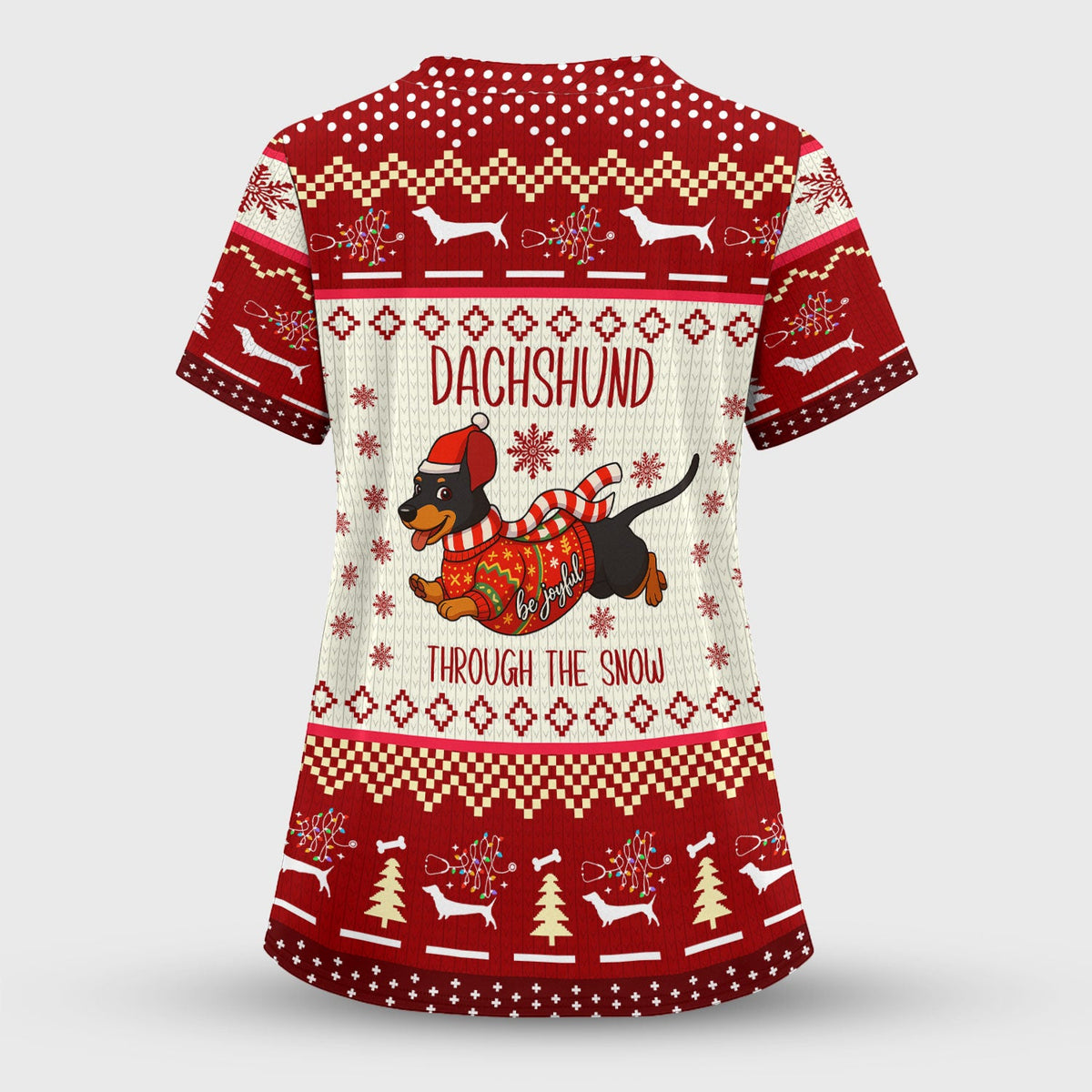 Wiener Dog Through The Snow Christmas Nurse Scrub Top