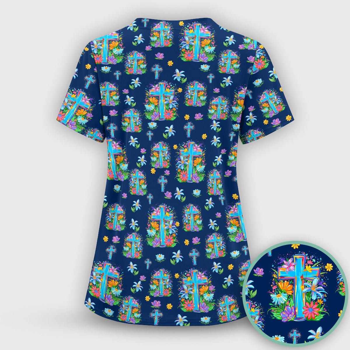 Christian Floral Cross Spring Pattern Scrub Top, Comfortable Scrubs for Nurses