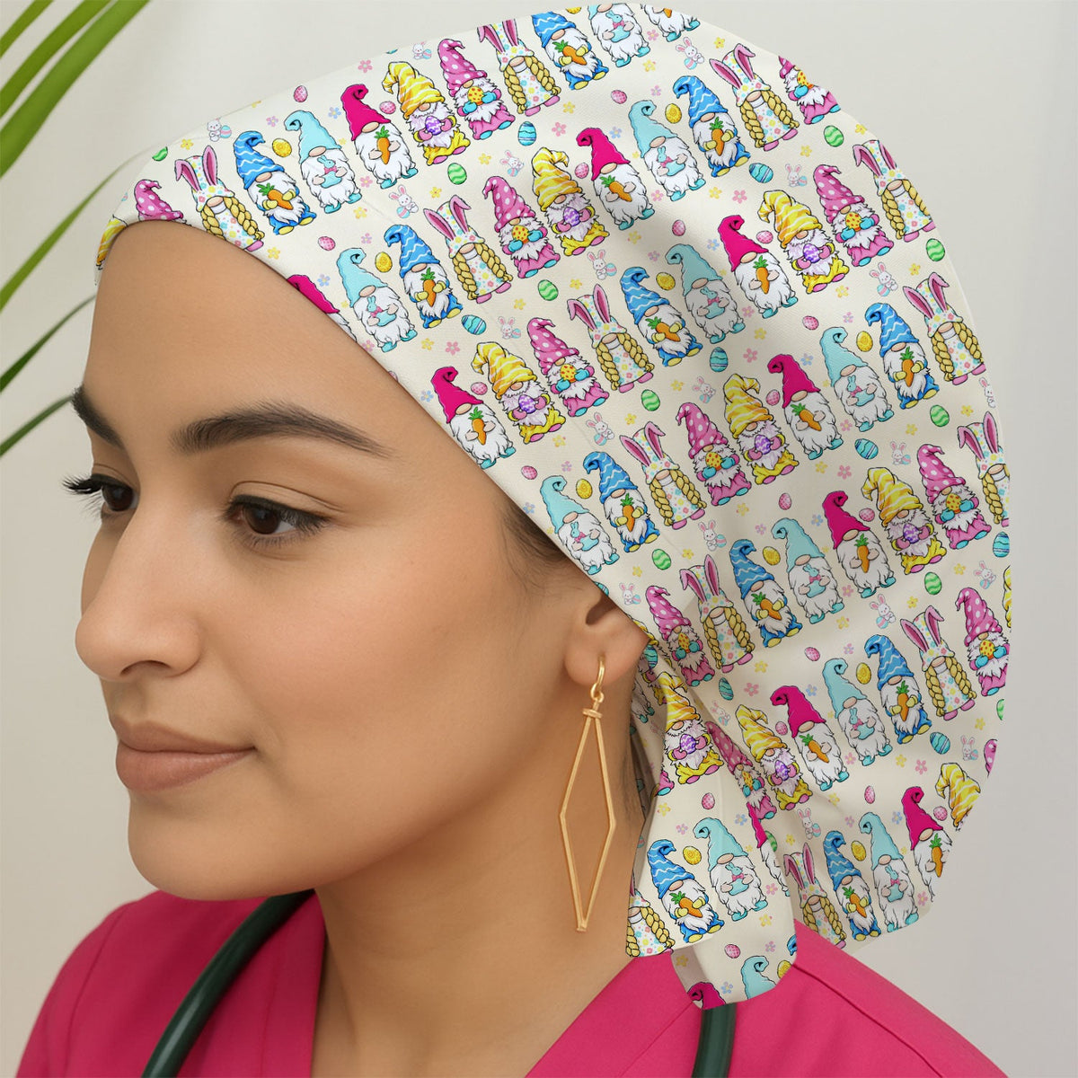 Colorful Easter Gnome Bunny Eggs Scrub Cap