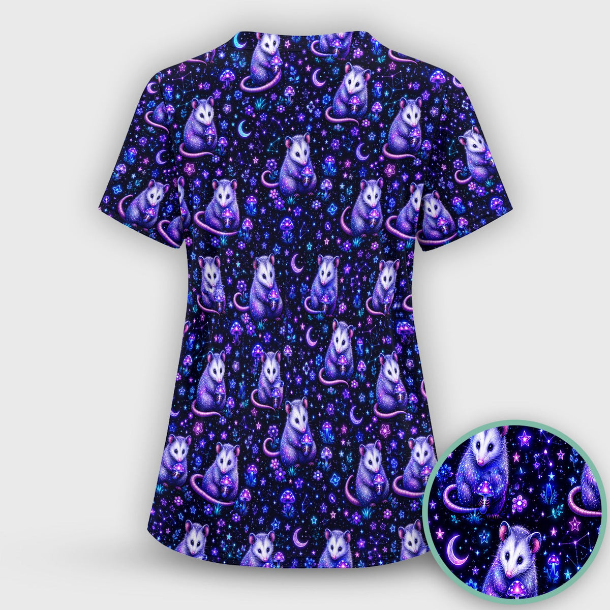 Neon Opossum Mushroom Galaxy Nurse Scrub Top