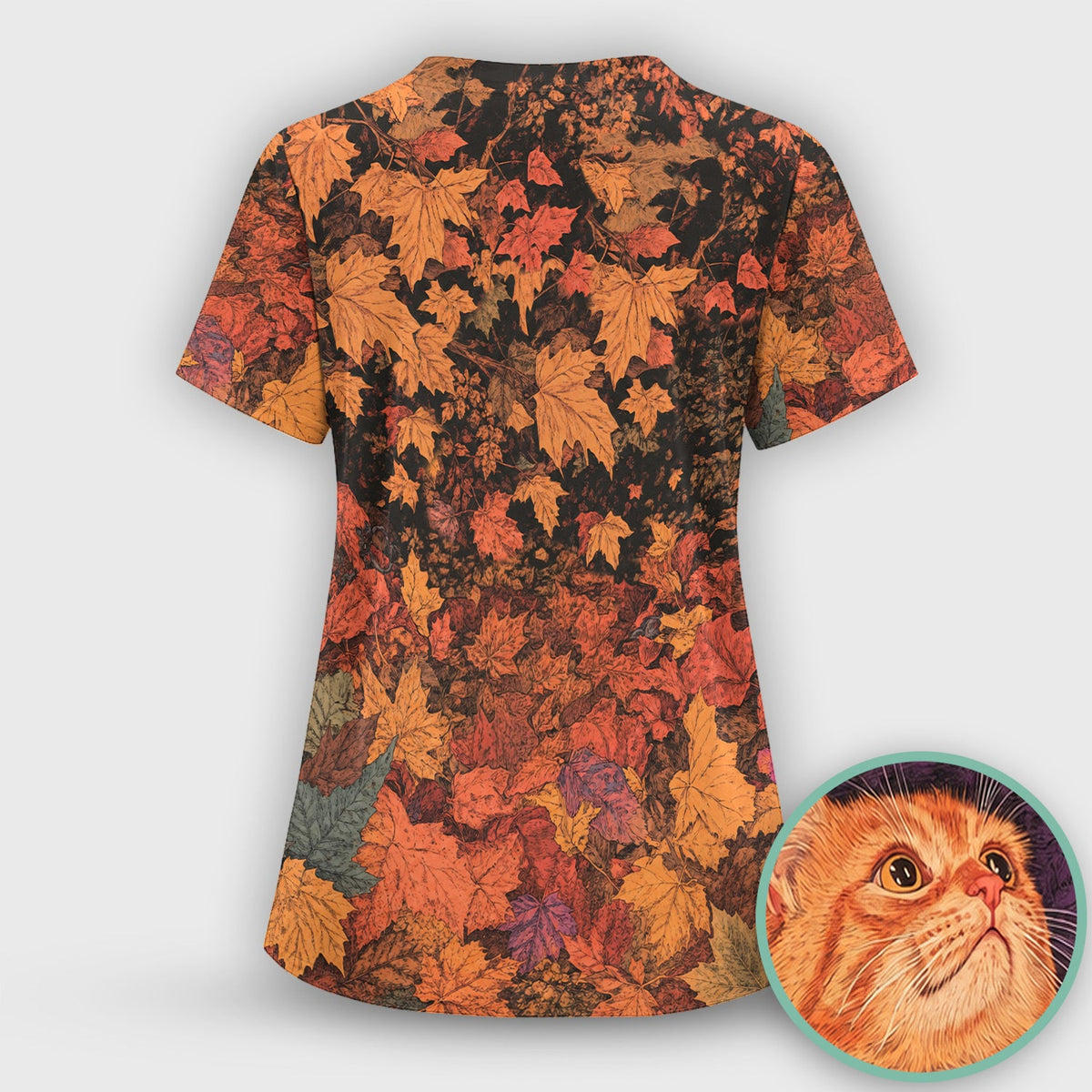 Autumn Cat Fall Leaves Nurse Scrub Set