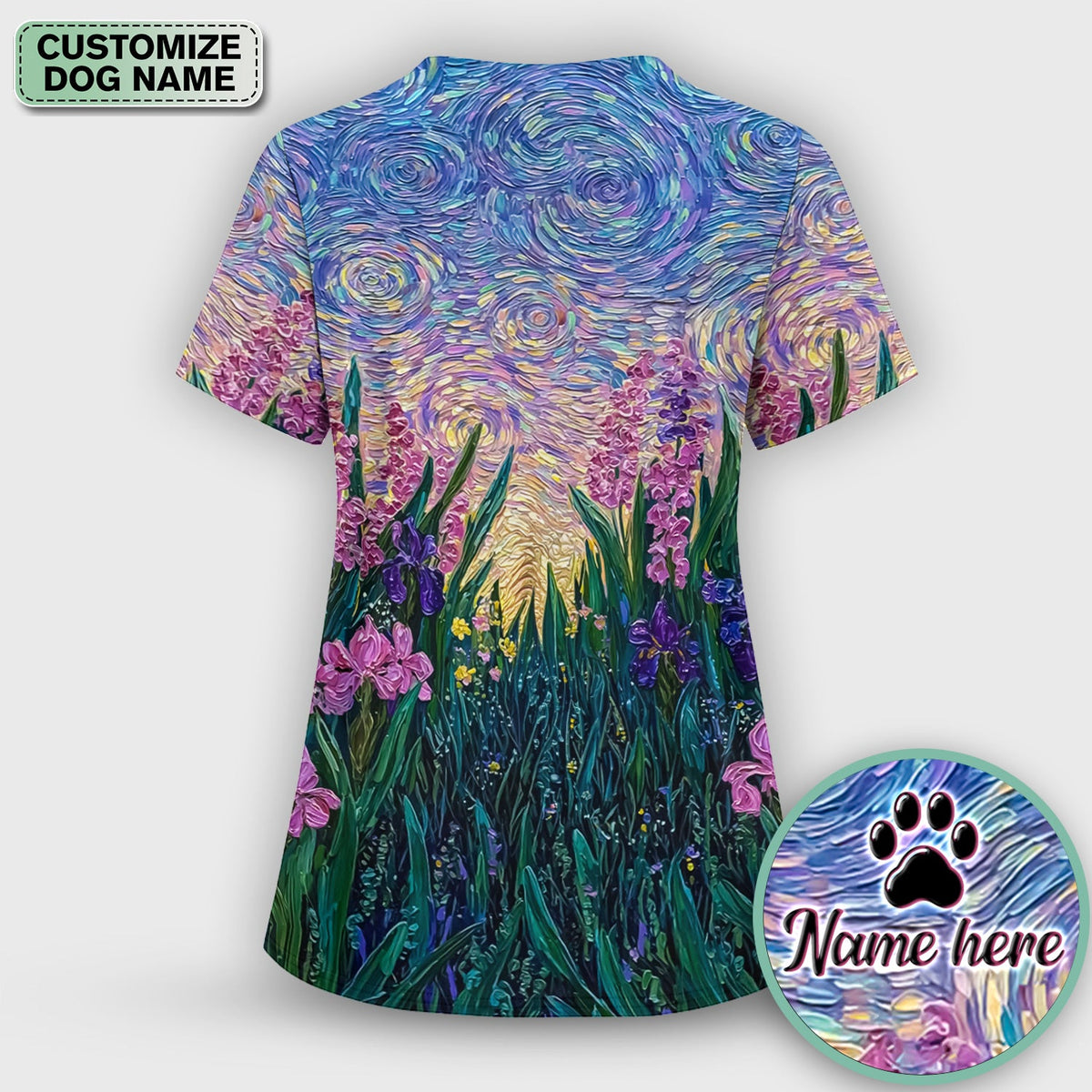 Cat Under Starry Sky Pattern Scrub Set, Scrub Pants and V Neck Top