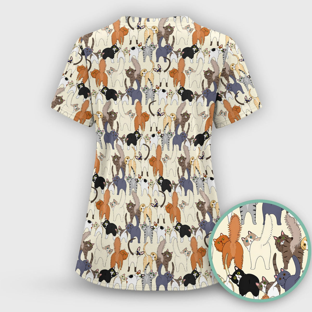 Whimsical Multicolor Cat Cartoon Nurse Scrub Top