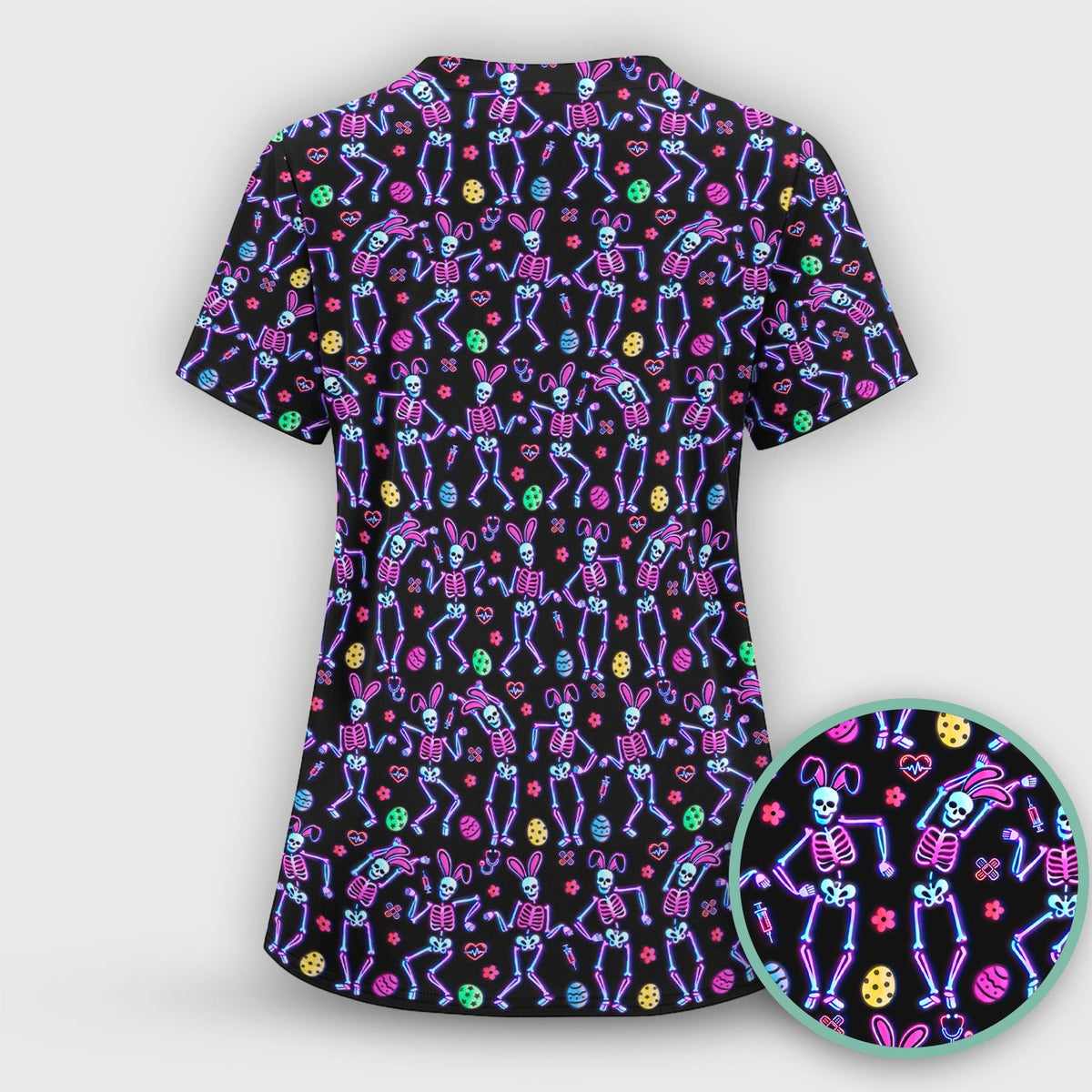 Neon Easter Skeleton Print Scrub Set, Scrub Pants and V Neck Top