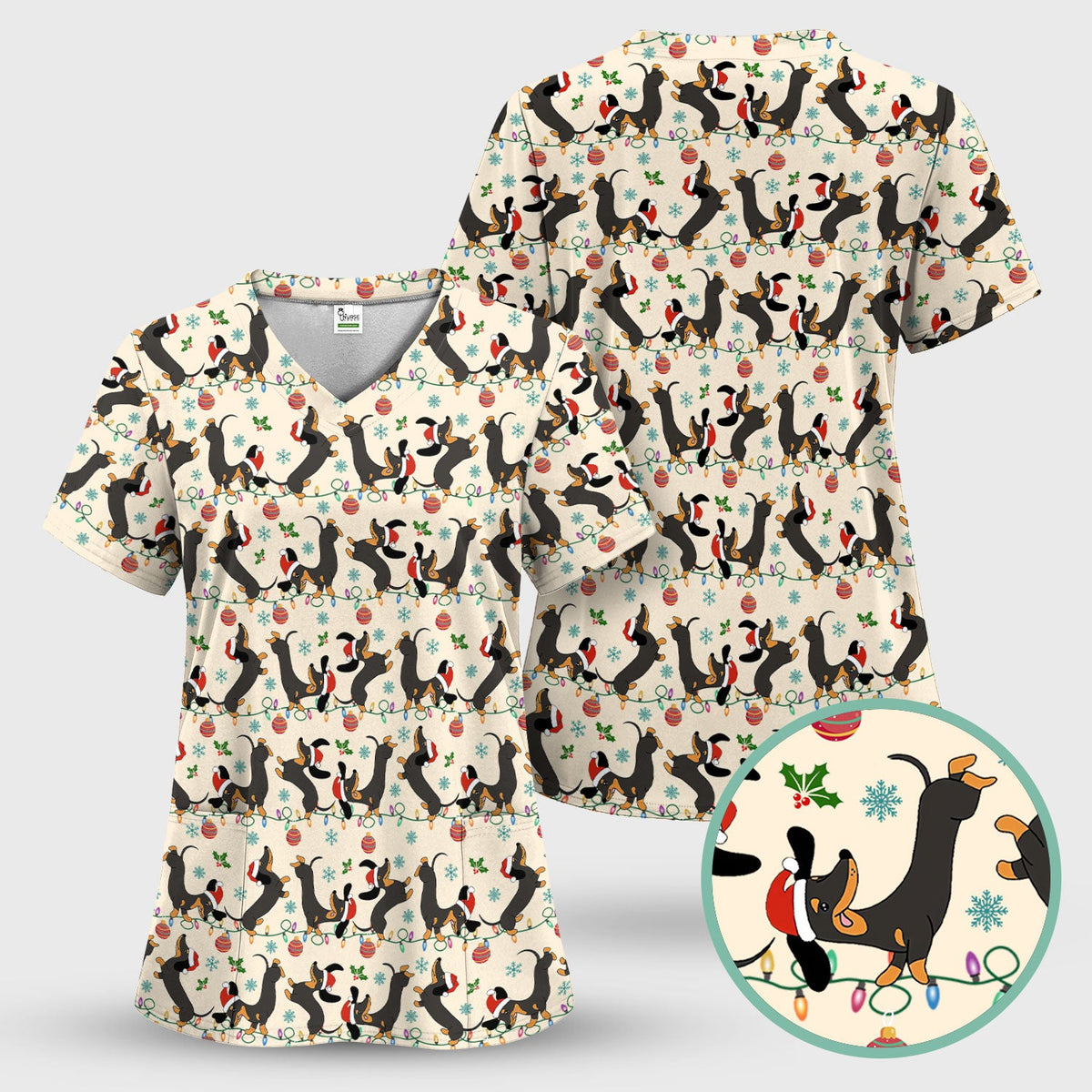 Christmas Dachshund Scrub Top - Cute Wiener Dog Holiday Nurse Shirt for Women - Festive Medical Uniform for RN CNA LPN