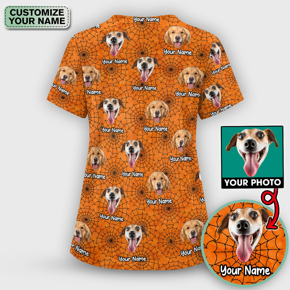 Personalized Halloween Dog Photo Spiderweb Scrub Top