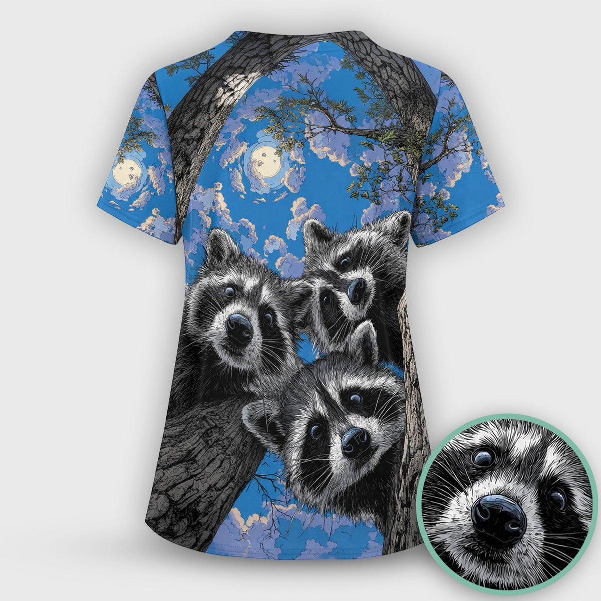 Cute Raccoon Tree Veterinary Pattern Scrub Top, Comfortable Scrubs for Nurses